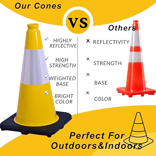 BESEA 4Pack 18 Inch Yellow Traffic Cones with 6 Inch Reflective Collar, Heavy Duty PVC Safety Cones with 10.5 x 10.5 Inch Base for Parking, Driving Practice, Sports Training, and Construction