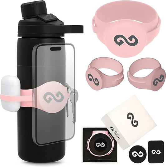 Gymmi Magnetic Water Bottle Phone Holder – One-Piece Silicone Strap for Gym | Holds Phone, Keys & Earbuds | Fits 12–40 oz Bottles (Lady Pink)