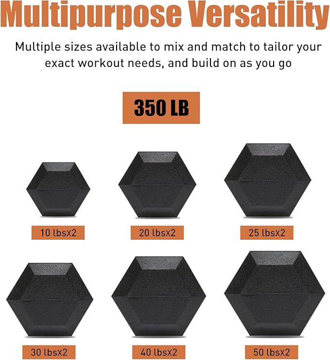 Ritafer 6-10 Pair Hex Rubber Dumbbell Set 350/450 and 550 lbs（5-50 lbs ）Hand Free Weight for Strength Coated Encased Iron Weights with Dumbbells Storage Rack Home Gym
