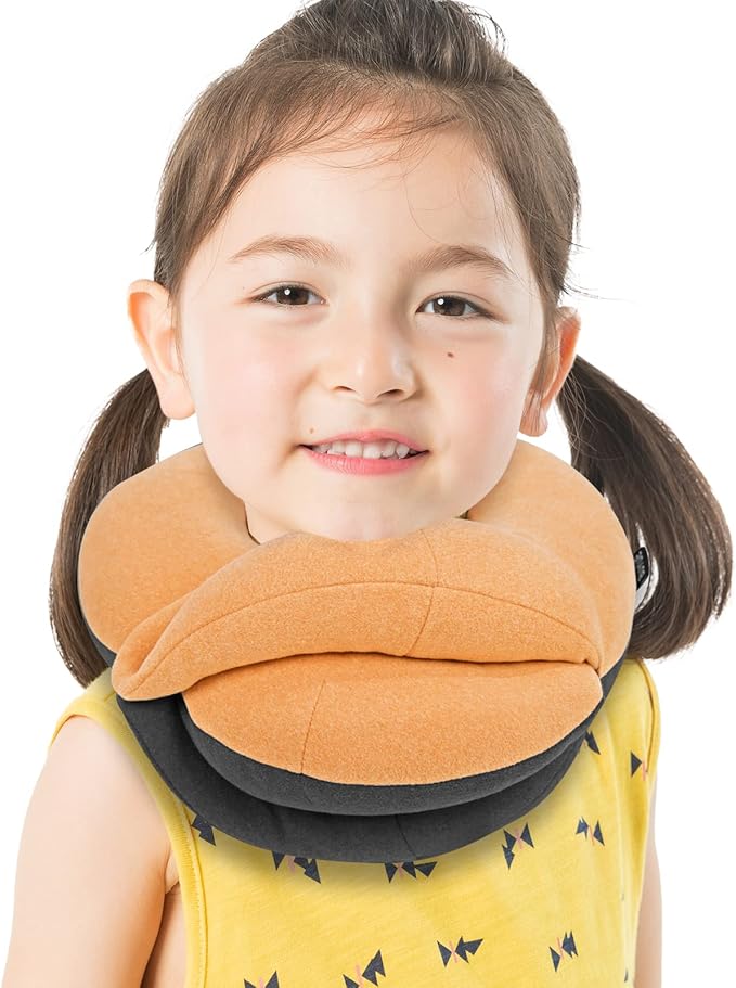 BUYUE Kids Travel Pillows for Airplane, 360° Head Support Sleeping Essentials for Boys Long Flight, Skin-Friendly Soft Neck Pillow for Traveling in Car Seat, (Small, Orange Grey, 40-90 lbs)