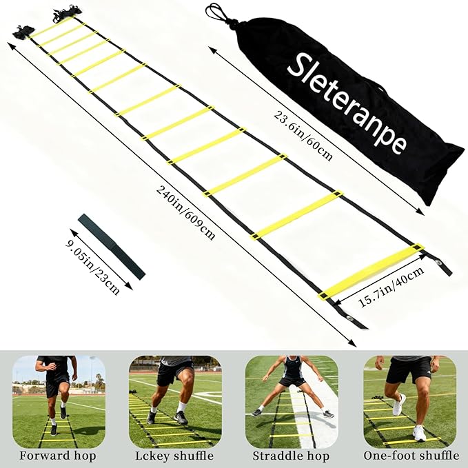 20ft Agility Ladder with Carry Bag & Straps – 12 Adjustable Rungs – Football, Soccer, Basketball Speed Training Equipment – Durable Footwork Drill Ladder for All Athletes (Yellow)