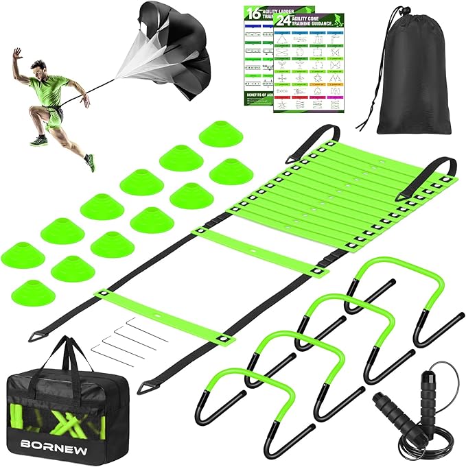 Agility Ladder, Soccer Speed Training Equipment, Football Practise Set with 20ft Ladder, 12 Cones, 4 Adjustable Hurdles, Jump Rope, Parachute, for Basketball, Football, Kids, Youth, Adults