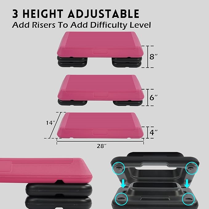 Fitvids Step Aerobic Platform, Exercise Step with 5 levels Adjustable Height, 4 Stackable Risers, Fitness Training Workout Stepper for Home Gym, Cardio Strength, Multiple Options