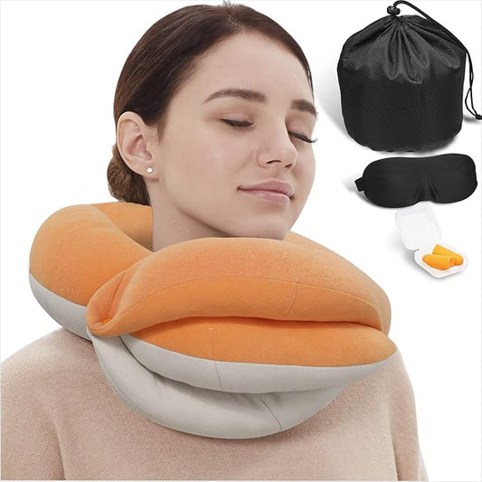 BUYUE Travel Neck Pillows for Airplanes, 360° Head Support Sleep for Long Flight, Skin-Friendly & Breathable, Kit with 3D Contoured Eye Mask, Earplugs and Storage Bag (Adult, Orange, 90+ lbs)
