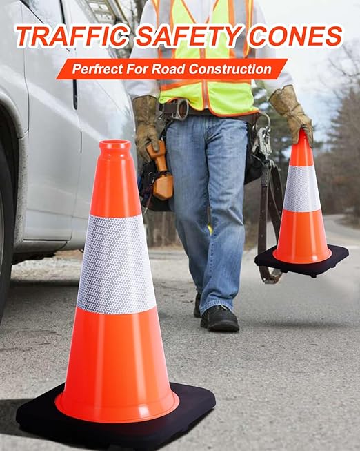 (8 Cones) BESEA 18" inch Traffic Cones Traffic Safety Cones Black Base Construction Road Parking Cone with 6" Highly Reflective Collar(8 Pack)