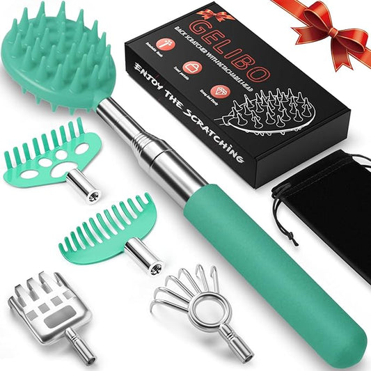 Gelibo Telescoping Back Scratcher with 5Pcs Detachable Heads,Fathers Day Dad Gifts from Wife Daughter Son,Mens Gifts,Husband, Extendable Back Massager Tool with Beautiful Box - Cyan