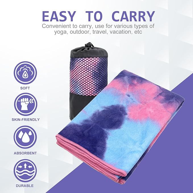 Eunzel Hot Yoga Towel - Microfiber Non Slip Yoga Mat Towel with Grip Dot Sweat Absorbent Towel for Hot Yoga, Pilates and Fitness 72" x 24", Purple & Blue/Pink