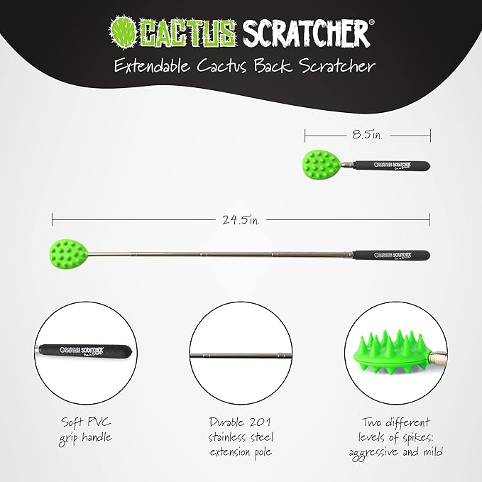 Cactus Scratcher Extendable Telescopic Back Scratcher - Extends 25" Long Double Sided Retractable Scratching Tool for Hand, Neck, Head, and Body - Universal Gift for Family, Pets, and Friends, Glow