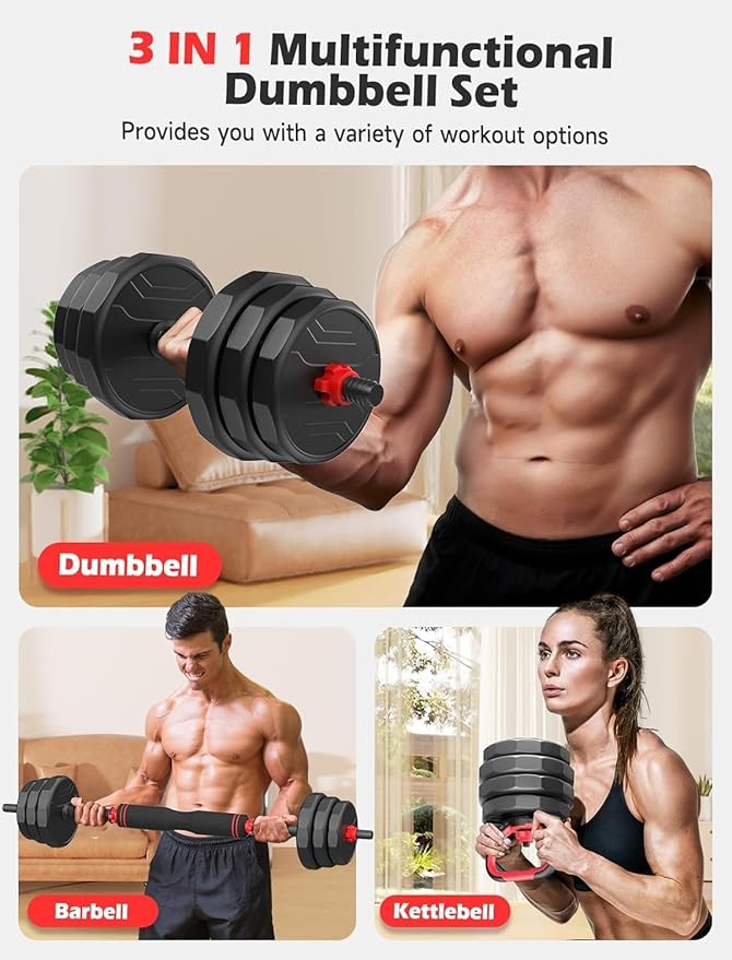 Adjustable Dumbbells, 20/30/40/55/60/70/80/90lbs Free Weight Set with Connector, 2 or 3 in 1 Dumbbells Used as Barbell, Kettlebells, Fitness Exercises for Home Gym Suitable for Men/Women