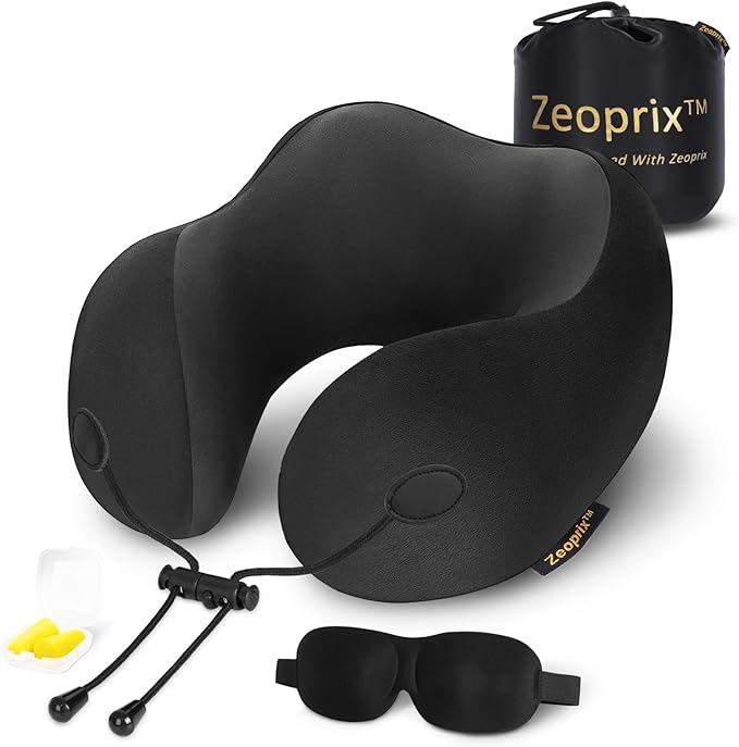 Travel Pillow, Memory Foam Neck Pillow for Airplane, Ergonomic Neck Support with Washable & Breathable Cover, Includes Eye Mask, Earplugs & Compact Bag for Long Flights, Cars, Home & Office (Black)