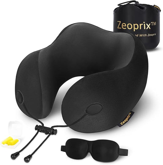 Travel Pillow, Memory Foam Neck Pillow for Airplane, Ergonomic Neck Support with Washable & Breathable Cover, Includes Eye Mask, Earplugs & Compact Bag for Long Flights, Cars, Home & Office (Black)