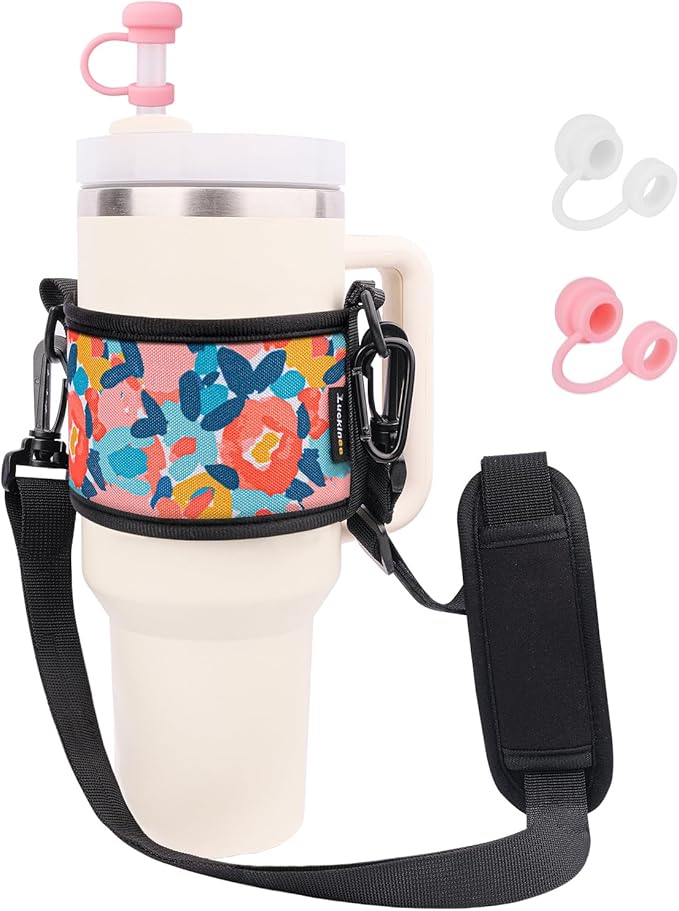 Water Bottle Carrier Holder with Shoulder Strap Water Bottle Handle Strap Sling for Stanley 30&40oz Tumblers with 2pc Straw Covers Toppers for Stanley Cup Accessories (Floral Print)
