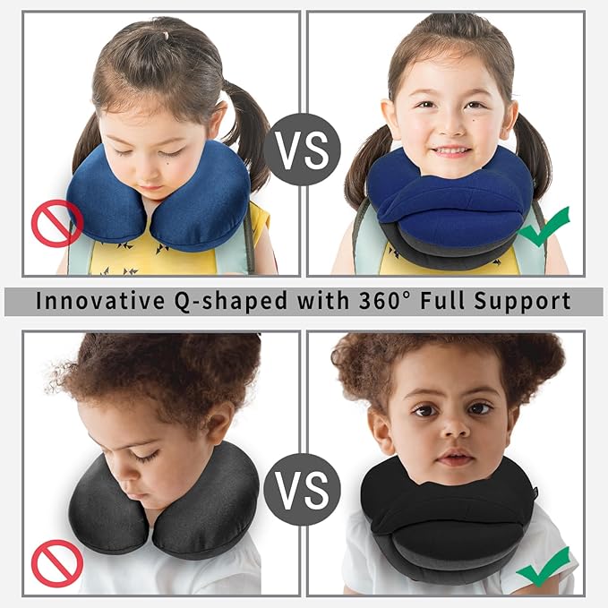 BUYUE Kids Travel Pillows for Airplane, 360° Head Support Sleeping Essentials for Boys Long Flight, Skin-Friendly Soft Neck Pillow for Traveling in Car Seat, (Small, Blue Grey, 40-90 lbs)