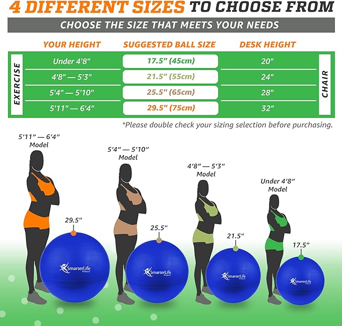 SmarterLife Exercise Ball Yoga Ball for Fitness, Balance, Stability, or Pregnancy, Gym Ball for Core Workout, Physical Therapy, Yoga Ball Chair for Office, Anti-Slip Anti-Burst