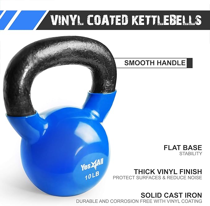 Yes4All Kettlebell, Vinyl Coated Kettlebell Cast Iron Sets with Stable Flat Bottom for Full Body Workout, Push up, Grip Strength Training & Weights Exercises