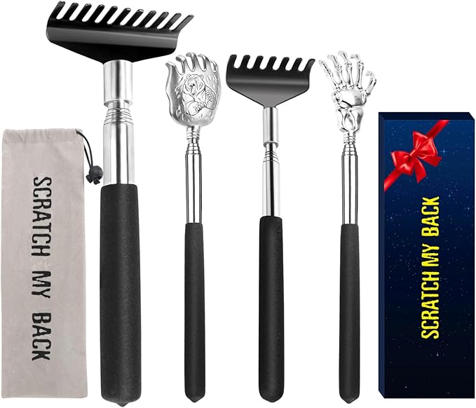 Back Scratcher Gift Set, 4 Pack, Upgraded Portable Extendable Stainless Steel Telescoping Massage Tool, Stocking Stuffers for Men Women