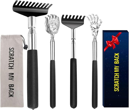 Back Scratcher Gift Set, 4 Pack, Upgraded Portable Extendable Stainless Steel Telescoping Massage Tool, Stocking Stuffers for Men Women