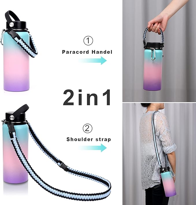 Wongeto Paracord Handle Carrier Holder with Shoulder Strap,Compatible with Hydro Flask Wide Mouth Water Bottles