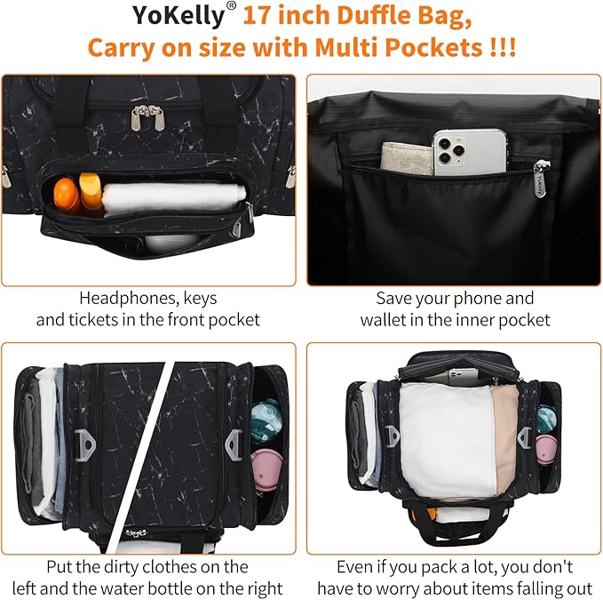 17 inch Small Duffle Bag - Carry On Weekender Bag for Travel Gym Sport - Black Marble