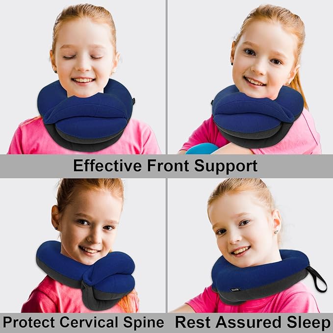 BUYUE Kids Travel Pillows for Airplane, 360° Head Support Sleeping Essentials for Boys Long Flight, Skin-Friendly Soft Neck Pillow for Traveling in Car Seat, (Small, Blue Grey, 40-90 lbs)