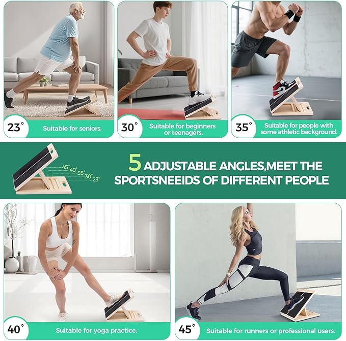 Slant Board for Calf Stretching, 5 Angle Portable Adjustable Calf Wooden Stretch Board with Training Poster, 300lb Weight Capacity for Ankle Heel Feet Leg Knees Physical Therapy Equipment