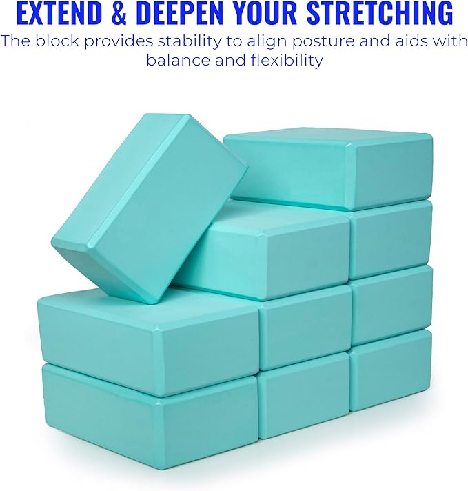 Hello Fit 3" Yoga Block, 10 Pack Bulk EVA Foam Yoga Blocks, Firm and Supportive Yoga Brick, Balance Foam for Stretching, Pilates, and Workout, 3" x 6" x 9"