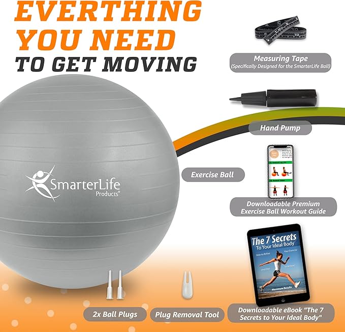 SmarterLife Exercise Ball Yoga Ball for Fitness, Balance, Stability, or Pregnancy, Gym Ball for Core Workout, Physical Therapy, Yoga Ball Chair for Office, Anti-Slip Anti-Burst