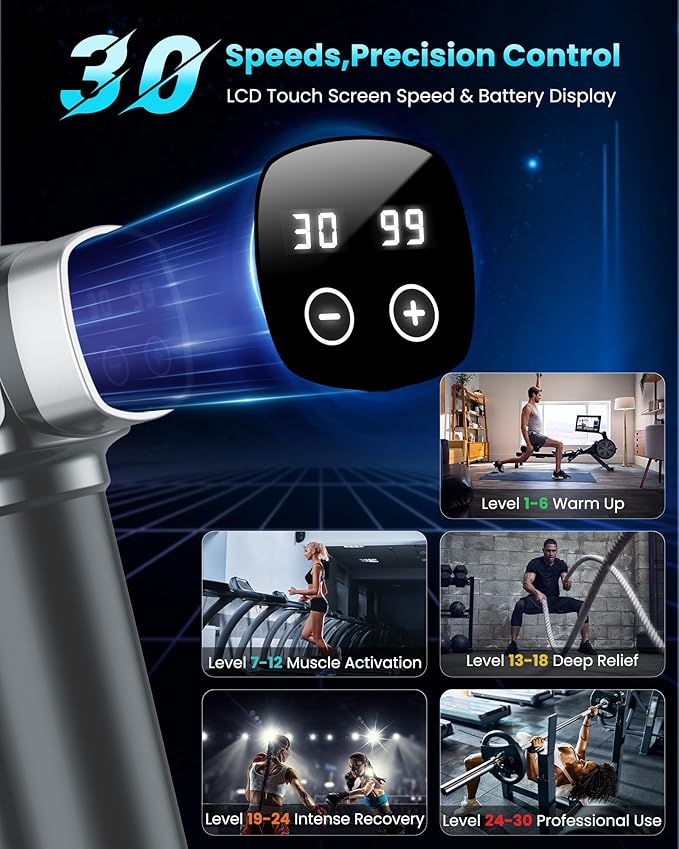 Deep Tissue Massage Gun, Portable Percussion Electric Muscle Massager for Pain Relief, Handheld Massagers with 30 Speeds & 6 Attachments for Back and Neck, Gifts for Men Women