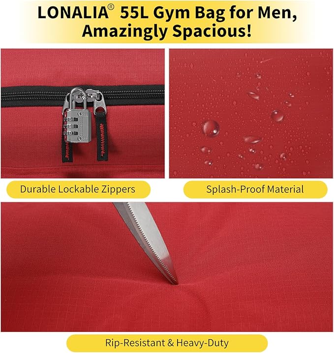 55L Large Gym Duffle Bag for Men - 22 inch Men's Sports Bag Heavy Duty Duffel Bag（Red)