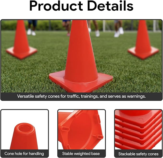 6in/9in/12in/28in Heavy Duty Agility Training Cones for Sports & Kids Coaching, Field Markers for Motorcycle, Bikes, Traffic, Basketball, Soccer Drills, Durable, Multipurpose, Adjustable