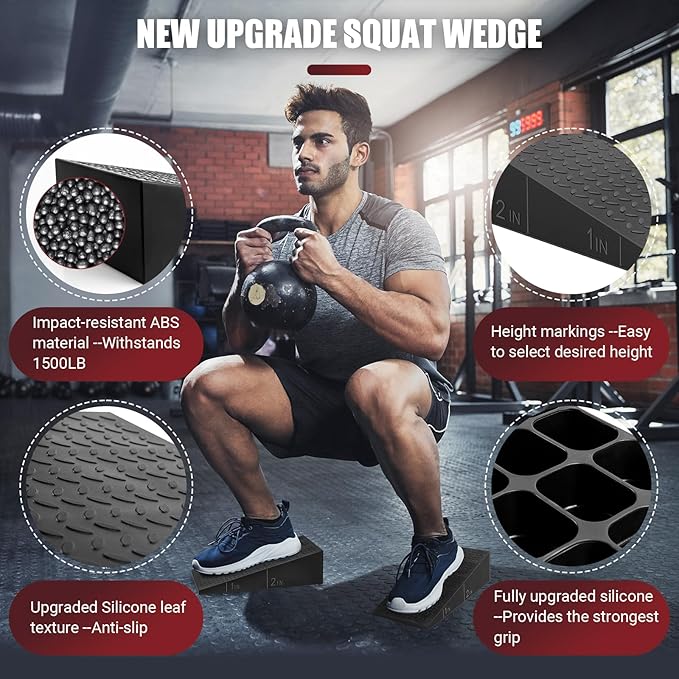 Squat Wedge Block, 2 Pcs Non-slip Heel Elevated Squat Wedge for Weightlifting Workout with Storage & Training Poster, Slant Board for Squats to Improve Squat Mobility Balance & Strength Performance