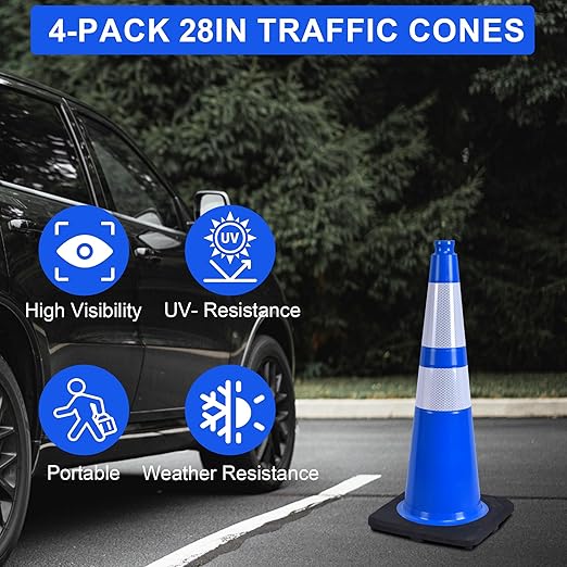 OrangeStar 4-Pack 28" Traffic Cones, Blue Safety Cones with Reflective Collars, Heavy Duty Base for Construction, Parking Lot, Road Work, Flexible PVC, Indoor & Outdoor Use