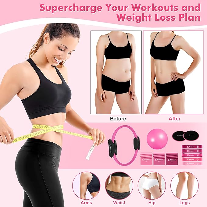 Pilates Ring Set with Resistance Bands Set, Pilates Ball, Sliding Disks – Workout Equipment Home Gym Includes Complete Fitness Poster