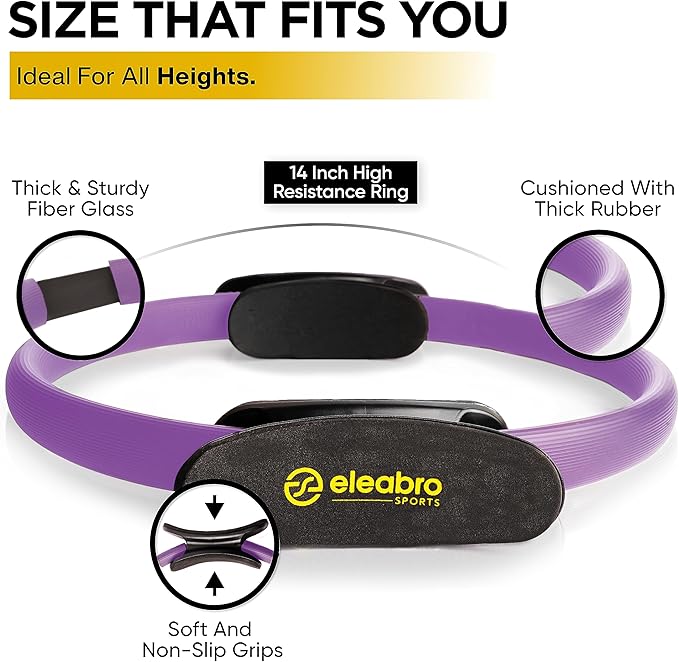Eleabro Sports 14 inch Pilates Ring Circle - Magic Circle -with A1 Size Workout Poster, Inner Thigh Exercise Ring, Ideal for All Heights-Yoga Ring Fitness Ring with Soft Handles