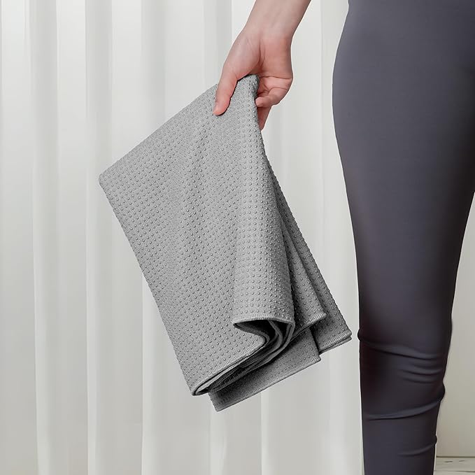 Microfiber Hot Yoga Towel Mat, 24 x 72 inches, with Non-Slip Silicone Grip, Secure Fit Elastic Straps (Gray)