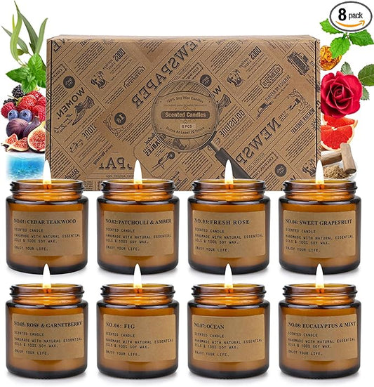 8 Pack Candles for Home Scented,Aromatherapy Jar Candle Gifts for Women, Natural Soy Wax Amber Candle Set, Scented Candles Set for Birthday Valentine Mother's Christmas Day Present