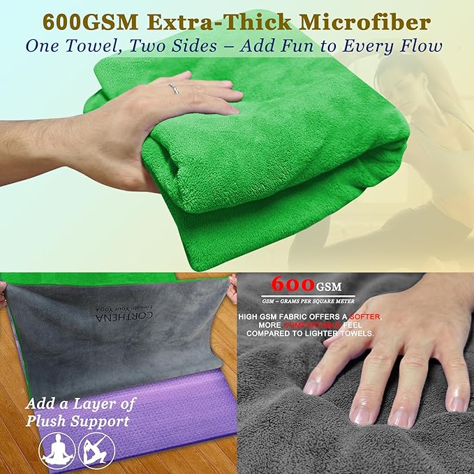 Hot Yoga Towel Set, Extra Thick 600GSM Soft Dual-Color Microfiber Non-Slip Yoga Mat Towel 72 x 27.5 in with Hand Towel, Sweat Absorbent Pilates Towel for Hot Yoga, Fitness, Grey/Green