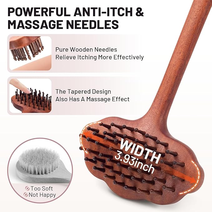 Wooden Back Scratcher, 16.34'' Long Handle Handmade Wood Brush Needle Effective in Relieving Itching, Fathers Day Dad Gifts, Rascador de Espalda, Backscratcher for Men and Women