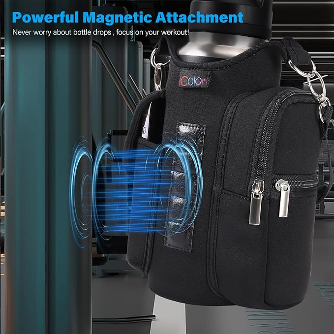 icolor Magnetic Gym Bag Water Bottle Carrier Holder with Phone Pockets & Shoulder Strap,Gym Magnetic Bag 5 Built-in Magnets Gym Accessories Organizer Magnetic Bottle Pouch Sleeve for Men Women