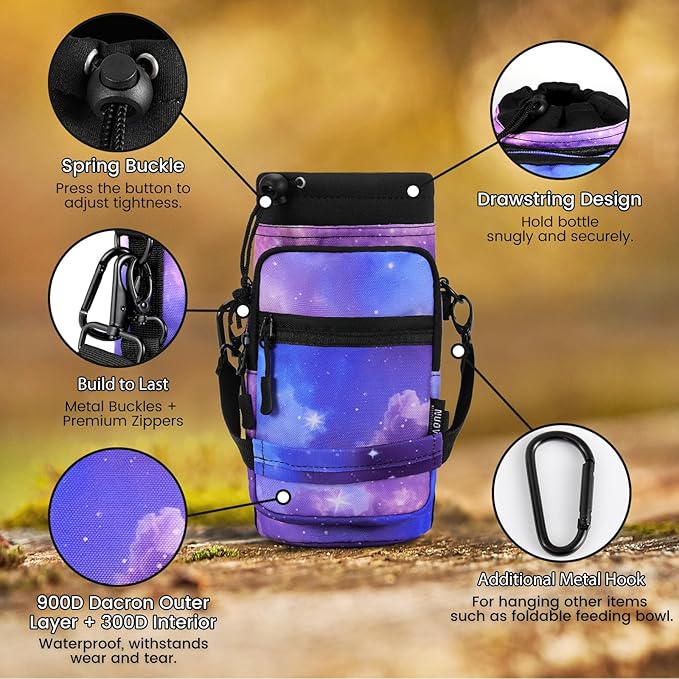 Nuovoware Water Bottle Carrier, 40oz Bottle Carrier Sports Insulated Water Bottle Holder with Adjustable Shoulder Strap, 2 Pockets Flask Sling Bag Drawstring Pouch for Climbing Hiking Walking