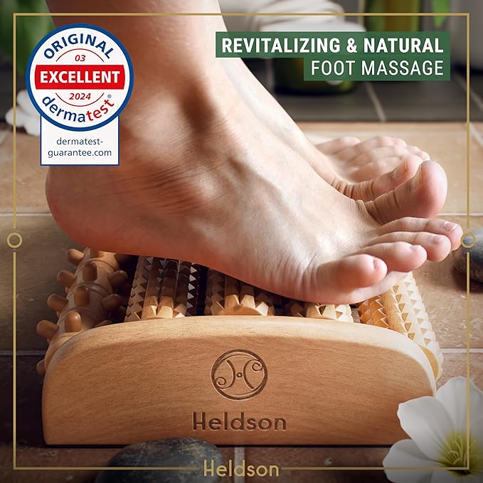 HELDSON® Foot Roller Massager Plantar Fasciitis Pain Relief - Wooden Under Desk Feet Massage - Dual Manual Heel Massagers - Wood Rolling Acupressure Tool with Reflexology Guide - Gift for Men, Women