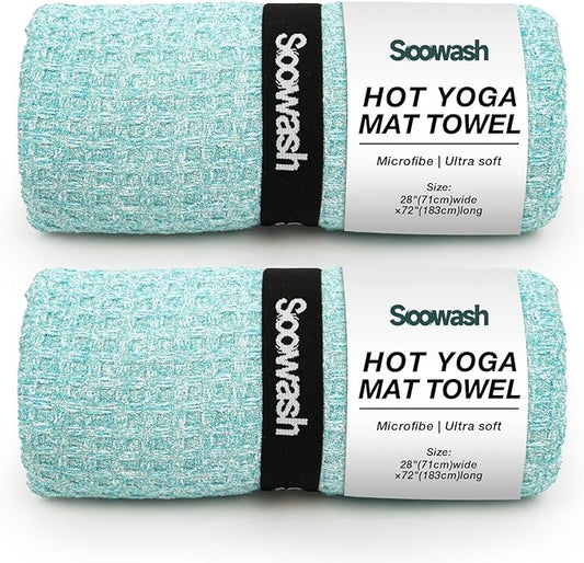 2 Pack Hot Yoga Towel, Yoga Mat Towels Non Slip for Hot Yoga with Strap, Microfiber Yoga Accessories, Soft Absorbent Quick Dry, Pilates Exercise Fitness 24" X 72"Blue Green