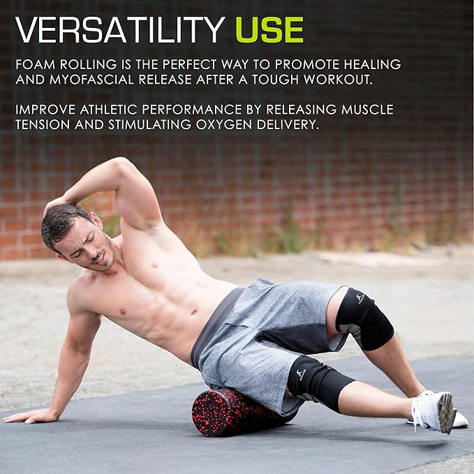 ProsourceFit High Density Foam Rollers 12 - inches Long, Firm Full Body Athletic Massage Tool for Back Stretching, Yoga, Pilates, Post Workout Muscle Recuperation, Black/Blue