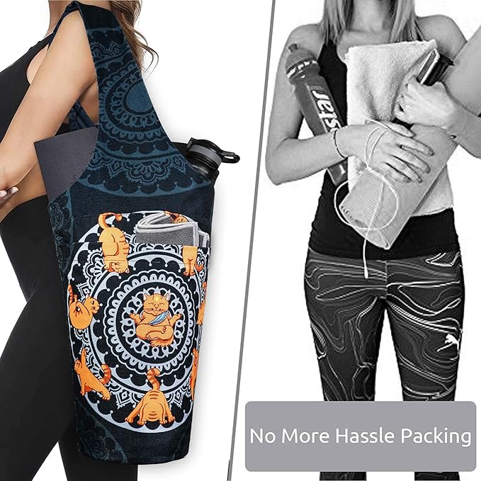 Fashion Printed Yoga Mat Bag with Large Side Pocket & Zipper Pocket Long Tote Yoga Bag Fit Most Size Mats - Holds More Yoga Accessories