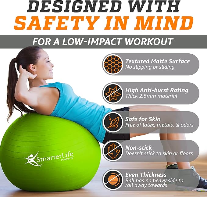 SmarterLife Exercise Ball Yoga Ball for Fitness, Balance, Stability, or Pregnancy, Gym Ball for Core Workout, Physical Therapy, Yoga Ball Chair for Office, Anti-Slip Anti-Burst