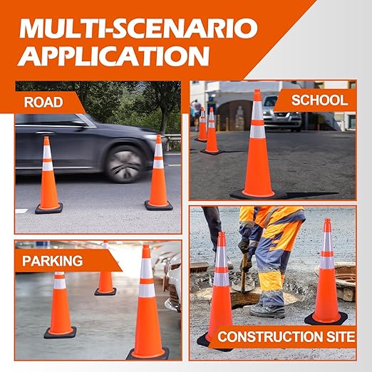 6 Pack 36" Orange Traffic Safety Cones with Reflective Collars- Durable PVC Cones with Weighted Black Base for Driveways, Work Zones & Event Control