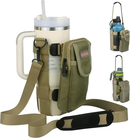 MOLLE Water Bottle bag - Bottle Holder Carrier Sling with Strap for Walking - Manual Strap Adjustment for Precise Fit of Most 18-64 oz Bottles (Check Size Fit Guide), Khaki