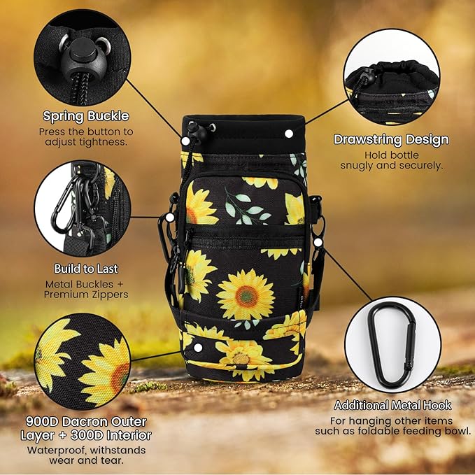 Nuovoware Water Bottle Carrier, 40oz Bottle Carrier Sports Insulated Water Bottle Holder with Adjustable Shoulder Strap, 2 Pockets Flask Sling Bag Drawstring Pouch for Climbing Hiking Walking