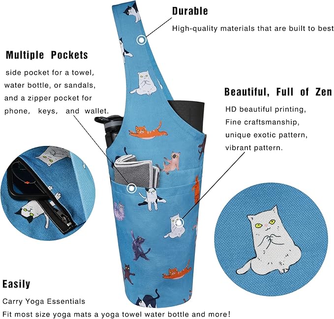 Fashion Printed Yoga Mat Bag with Large Side Pocket & Zipper Pocket Long Tote Yoga Bag Fit Most Size Mats - Holds More Yoga Accessories