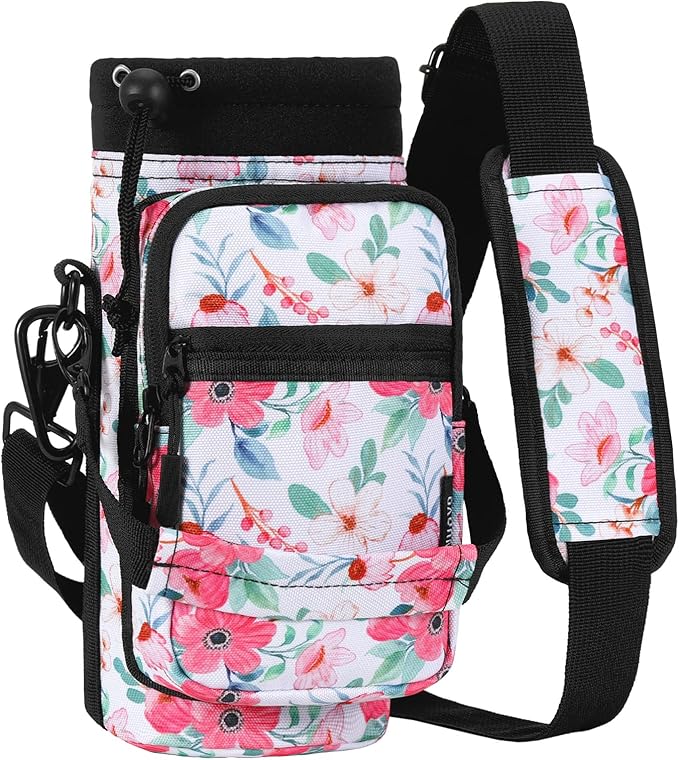 Nuovoware Water Bottle Carrier, 40oz Bottle Carrier Sports Insulated Water Bottle Holder with Adjustable Shoulder Strap, 2 Pockets Flask Sling Bag Drawstring Pouch for Climbing Hiking Walking